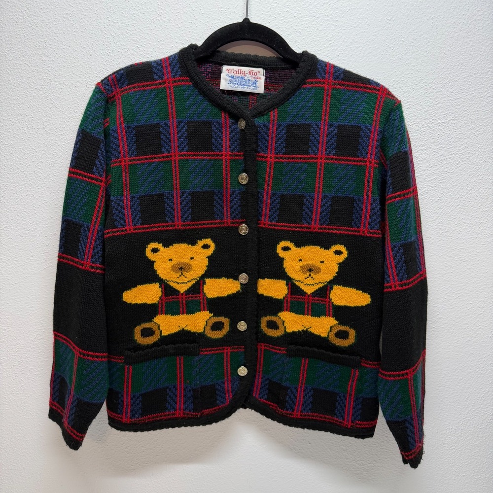 Tally Ho Vintage 80s Teddy Bear Wool Cardigan Navy Green Plaid Sweater Medium